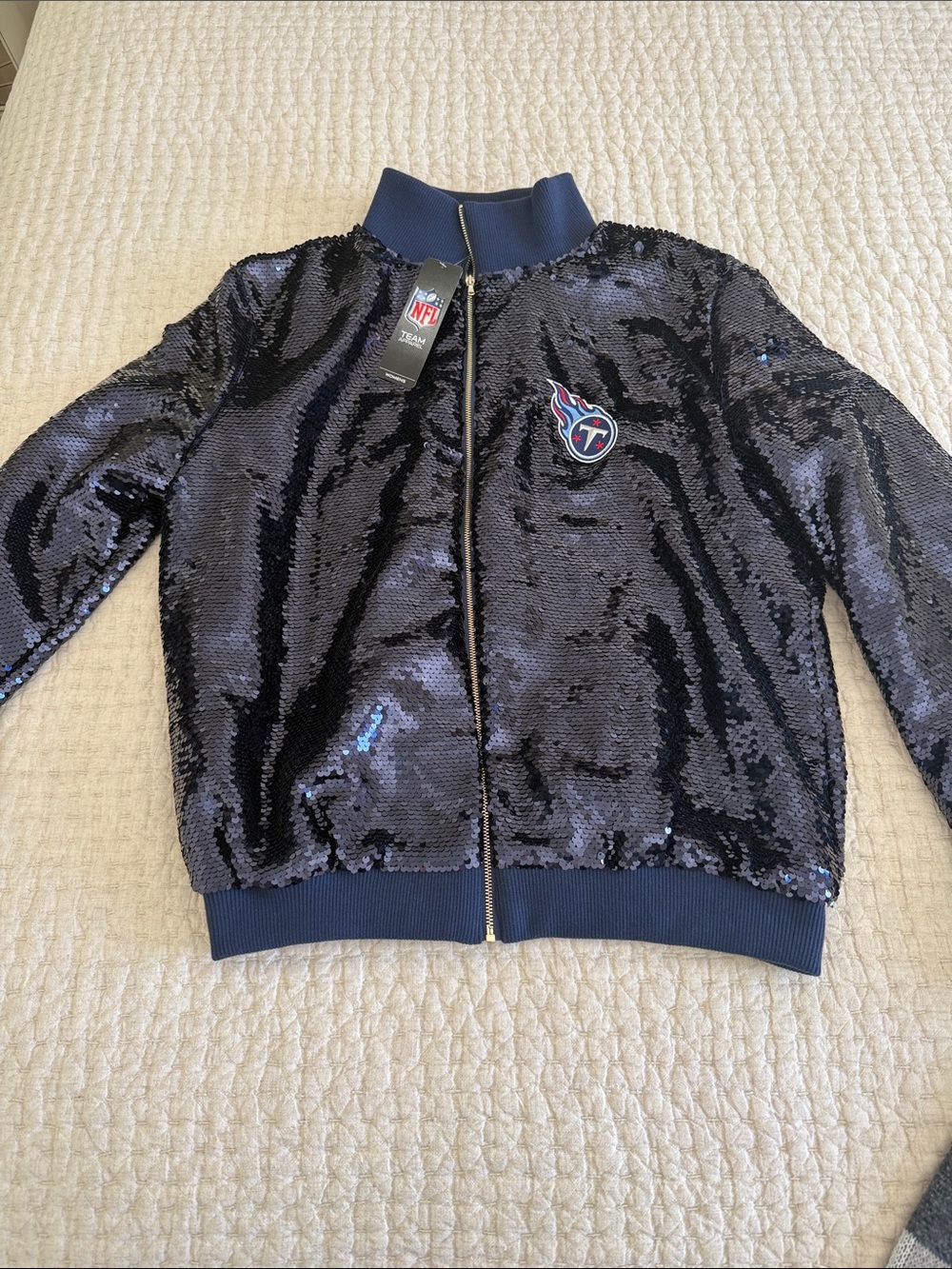 NFL Navy Sequin Bomber Jacket with Tennessee Titans Patch